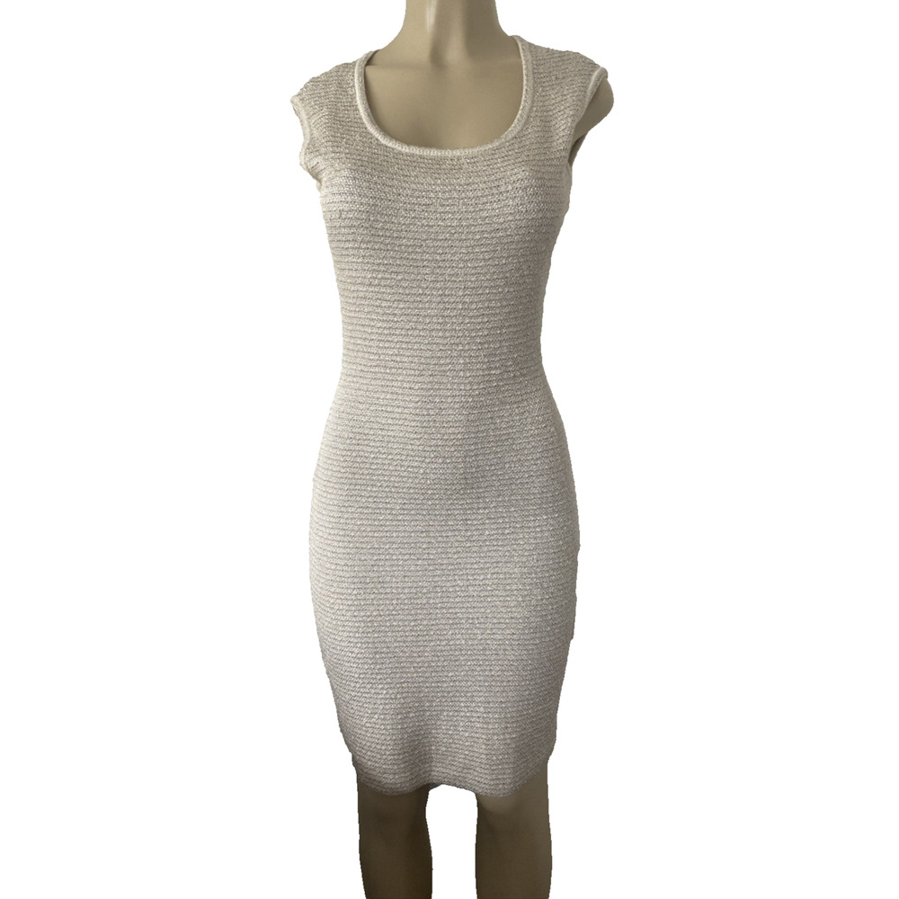 St John Dress Sheath Mini Sleeveless Tan Beige Metallic Scoop Neck Oatmeal 2 XS - Picture 3 of 12